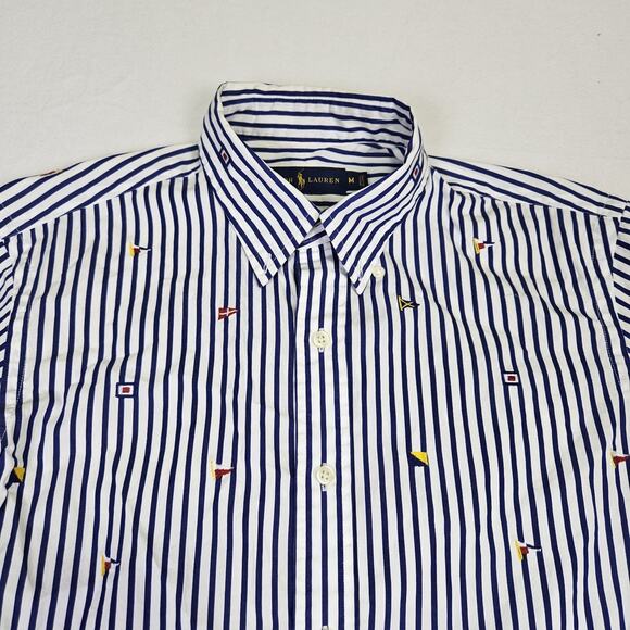 Ralph Lauren Womens Pennant Blouse Nautical Flag Button Down Striped Embroider M - Picture 5 of 16